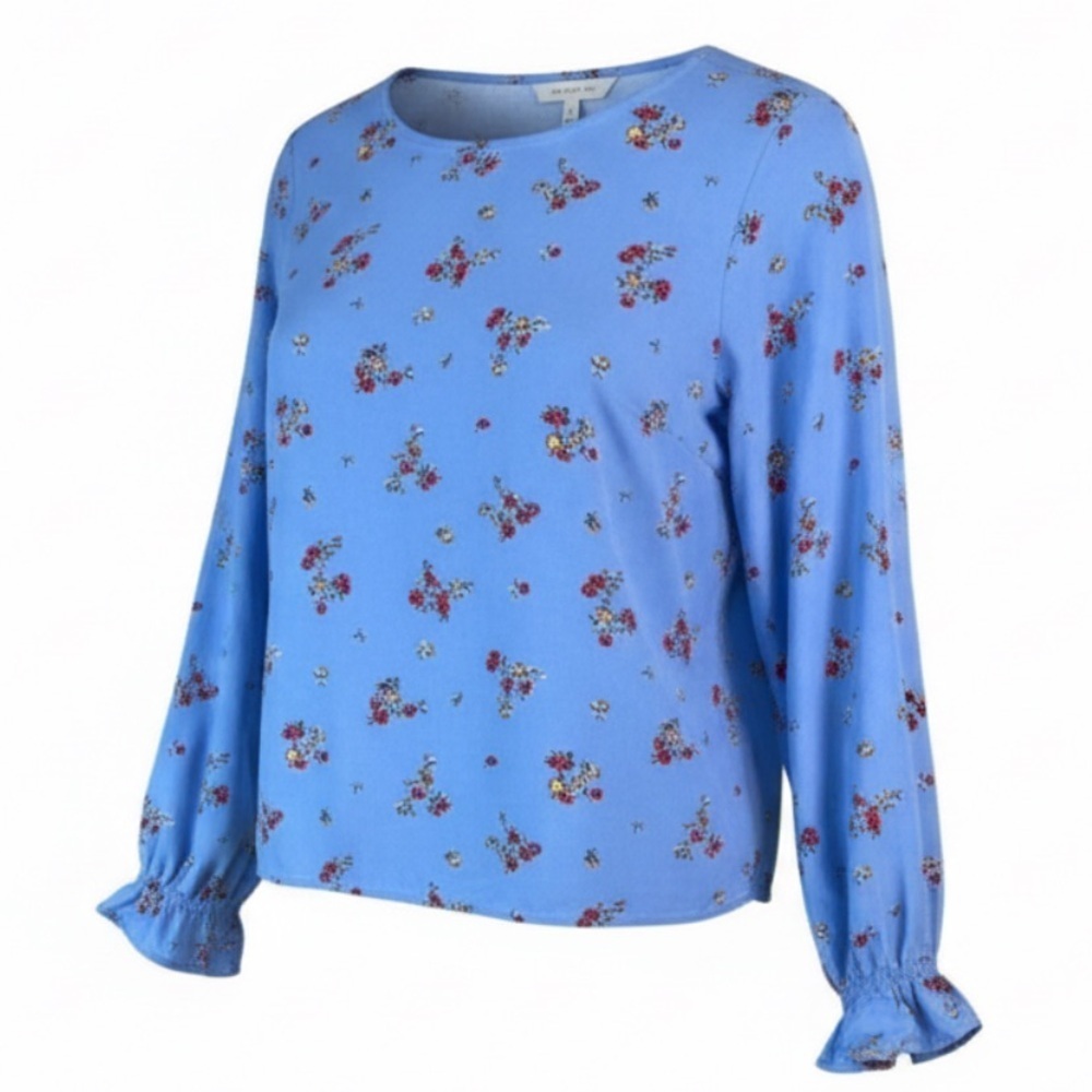 H&M Floral Patterned Viscose Button Back Blouse Corleone Blue Round Neck Size  2